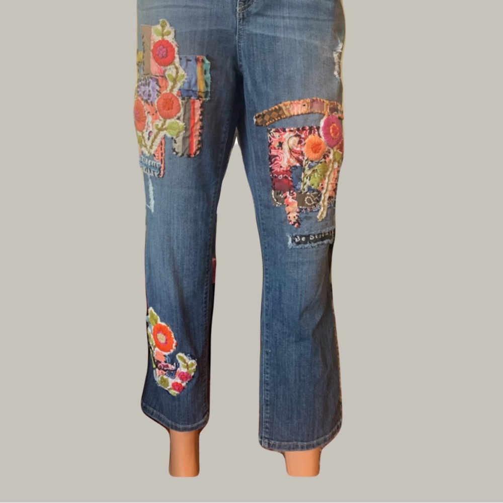 Embroidered Floral Upcycled Blue Jeans with Patches of Color